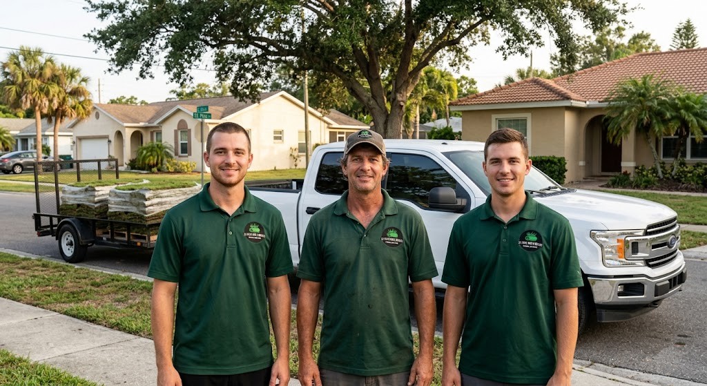 St Pete Sod & Mulch crew loading fresh sod pallets onto their truck